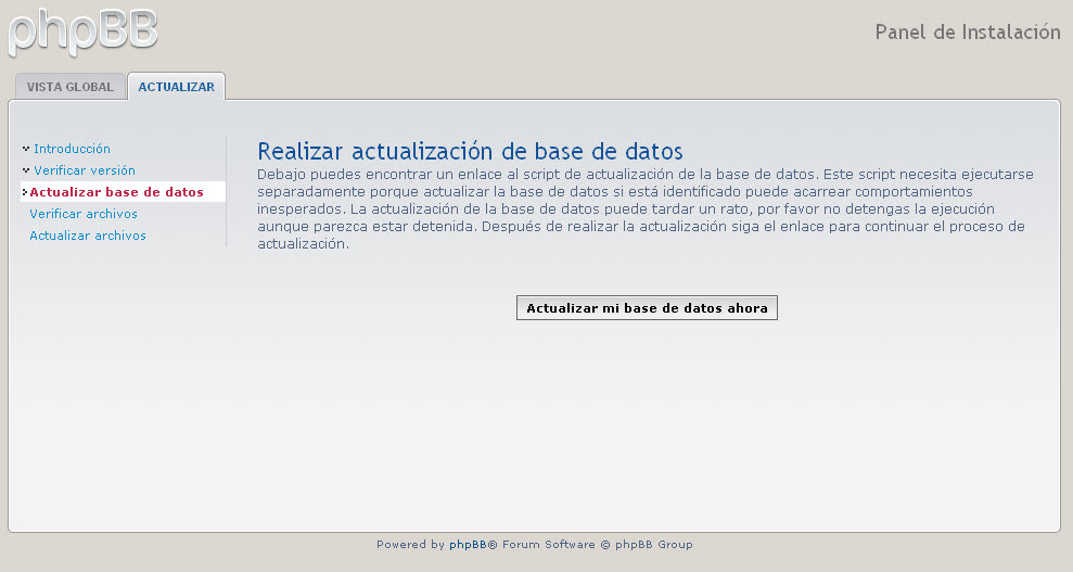 Al clikear sobre "Actualizar mi base de datos Ahora"