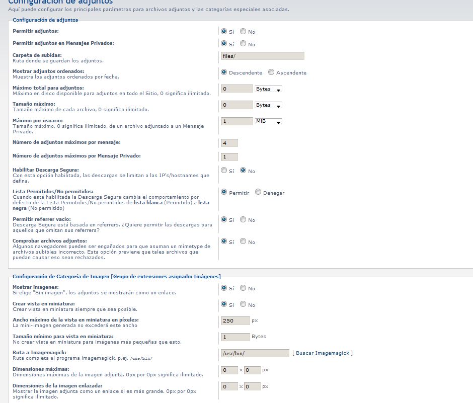 Configuración de los archivos adjuntos